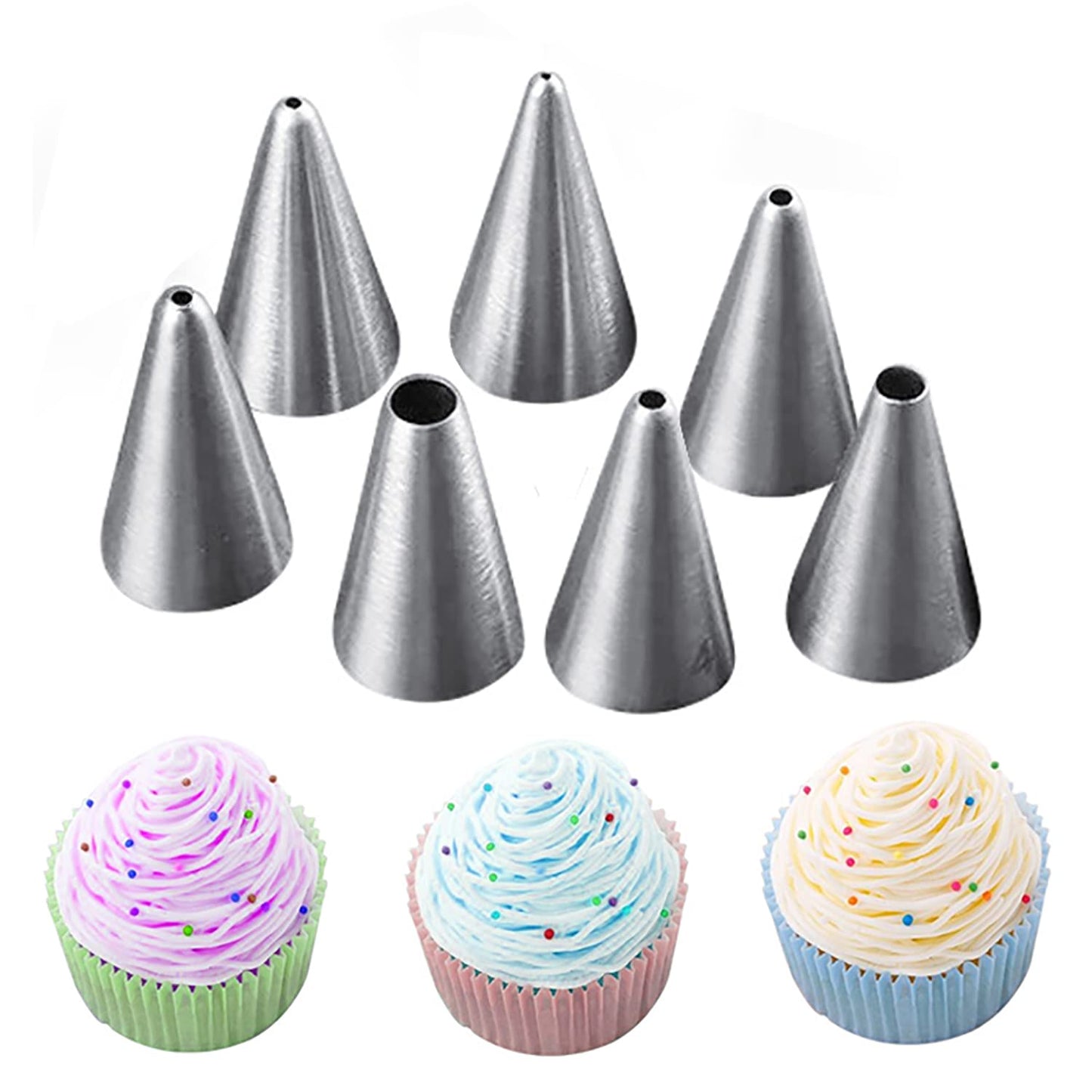 JAYVAR 7Pcs Round Hole Russian Piping Nozzles Set，Stainless Steel Pastry Tips, Graduated Sizes，Nozzles Tips Piping Set For Pastry Fondant，Cake Decorating Supplies Baking Set Tools