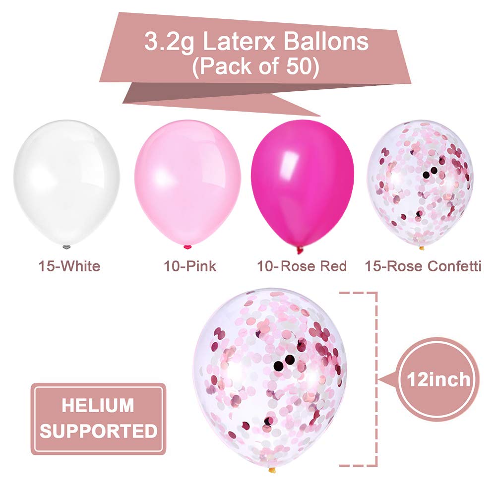 Thomtery Pink Confetti White Balloons, 50pcs 12 inch Latex Balloons for Birthday Party, Valentine's Day Decorations