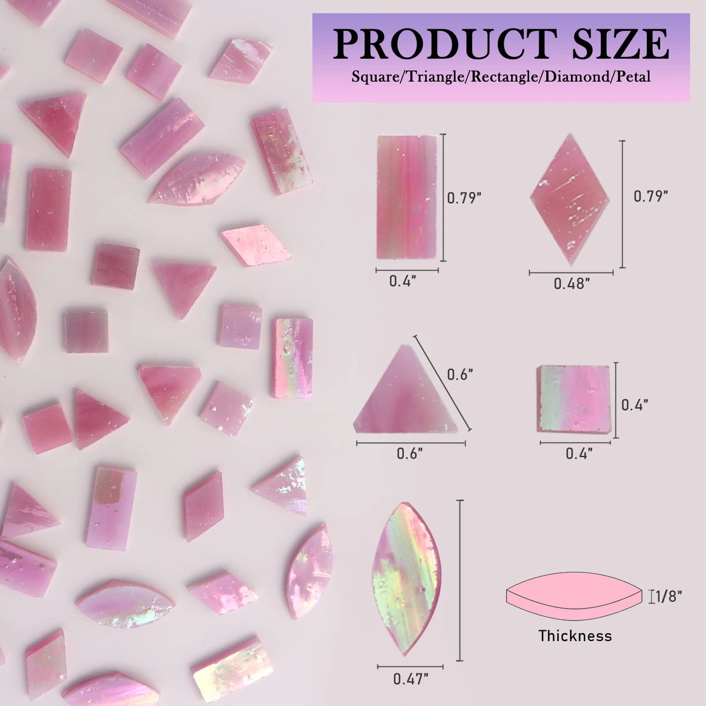 LITMIND Iridescent Glass Mosaic Tiles for Crafts, 240 Pieces 5 Shapes Mixed Pink Stained Glass Pieces, Mosaic Kits for Adults (Iridescent Pink)