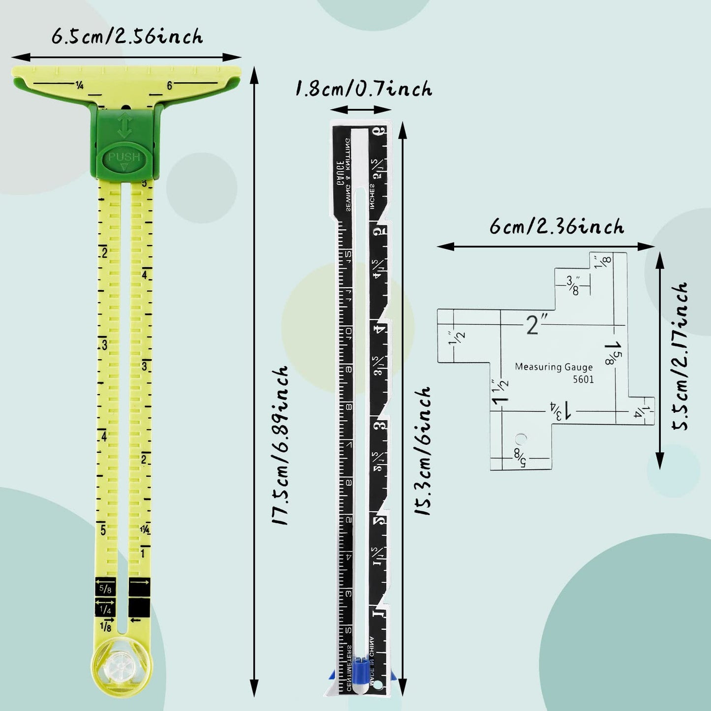 Sewing Gauge 3 Piece Seam Gauges for Sewing Fabric Hem Ruler T Shape Sewing Rulers 5 in 1 Sliding Gauge Sewing Tool for Knitting Crafting Sewing Beginner Supplies, 3 Styles