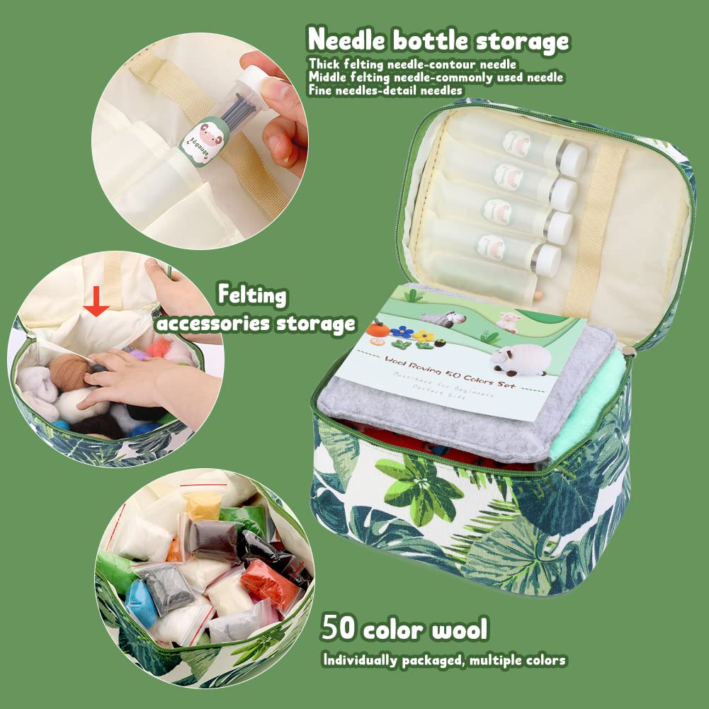 Needle Felting Kit, Wool Roving 50 Colors Set with Exquisite Green Storage Bag, Needle Felting Starter Kit, Needle Felting Tools Kit, Wool Felt Tools for Felted Animal Needle Felting Supplies