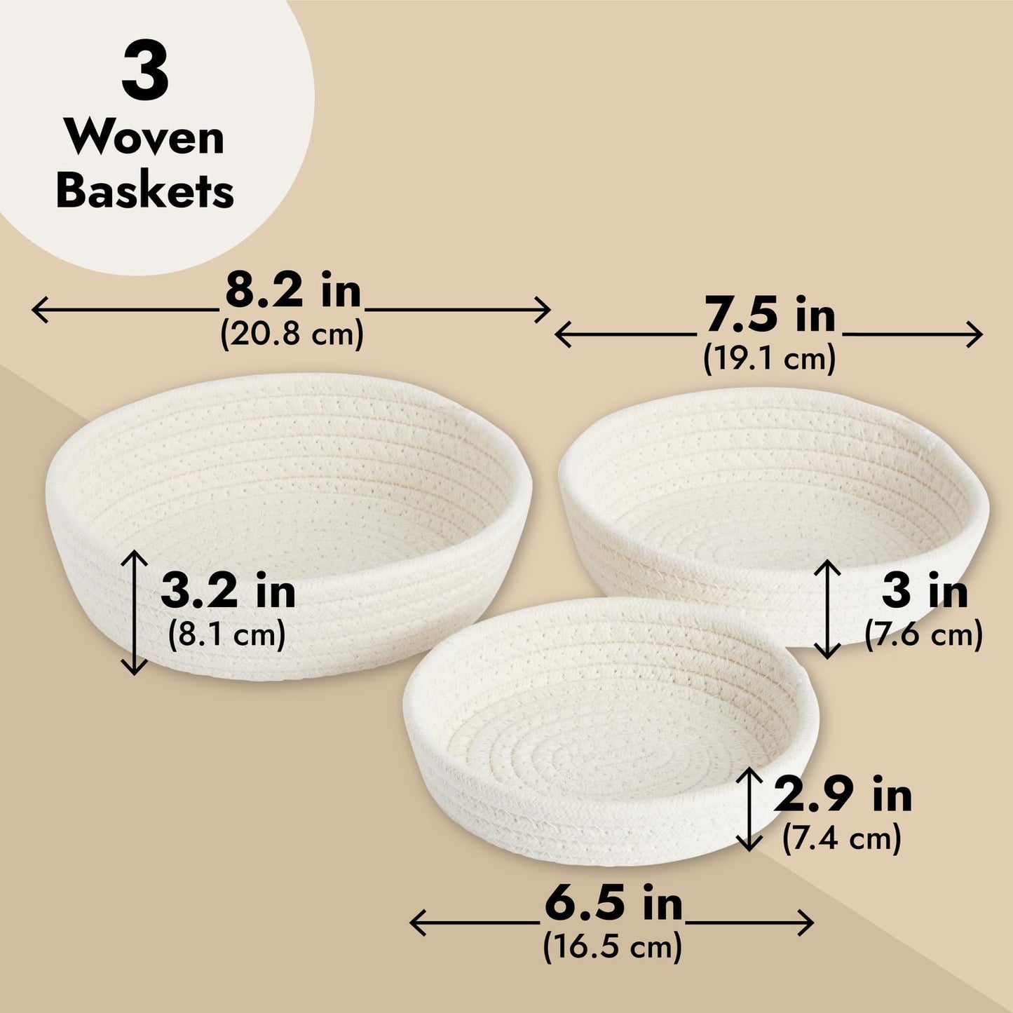 Juvale 3-Pack Small Round Cotton Rope Woven Storage Baskets - Nesting Bins for Organizing Home and Montessori Toys (White, 3 Sizes)