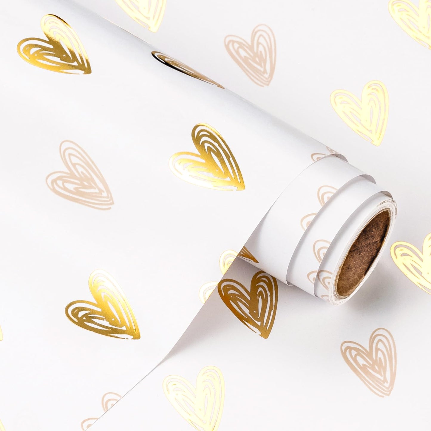 Heart Wrapping Paper Roll - Mini Roll - 17 Inch x 16.5 Feet - Gold Foil Heart Design for Valentines Day, Wedding, Bridal Shower, Birthday, Baby Shower