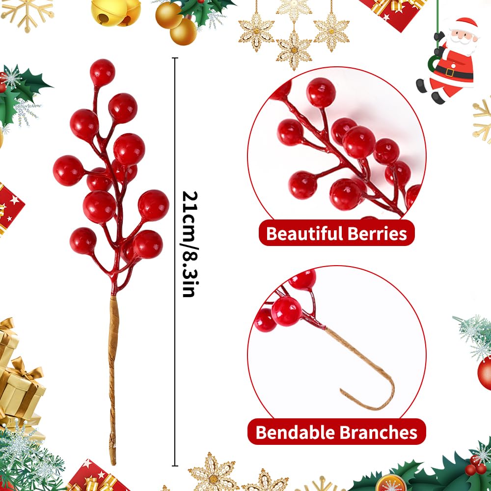 Vellibring 32 Pack Artificial Red Berry Stems, Christmas Red Berries Picks Holly Berry Branches for Christmas Tree Ornaments Xmas Wreath DIY Crafts Winter Holiday Home Decoration