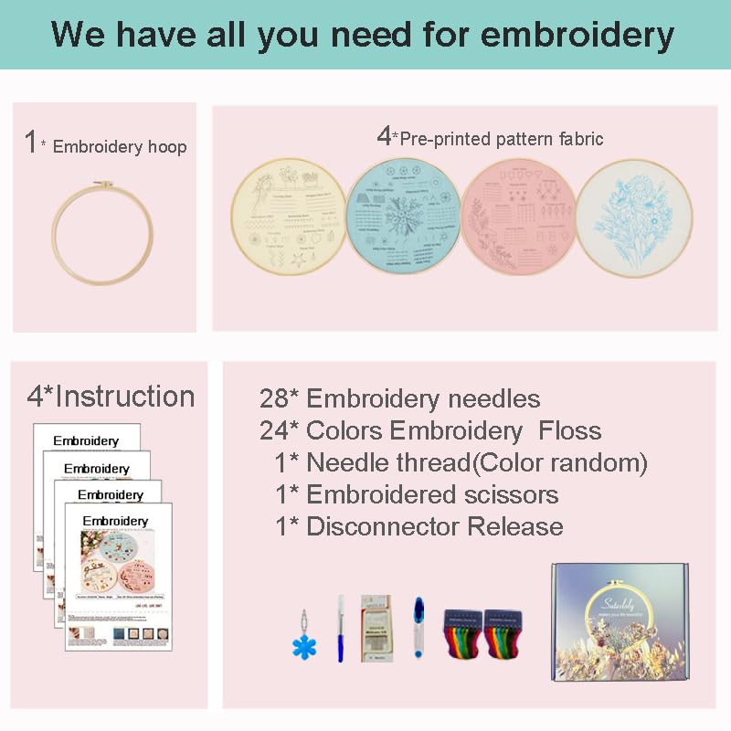 Hand Embroidery Kit for Beginners, 4 Sets Learn to Floral Patterns Simple Beginner Starter kit for Adults, 33 Stitches Easy Embroidery Practice Kit, 7.8inch Hoop