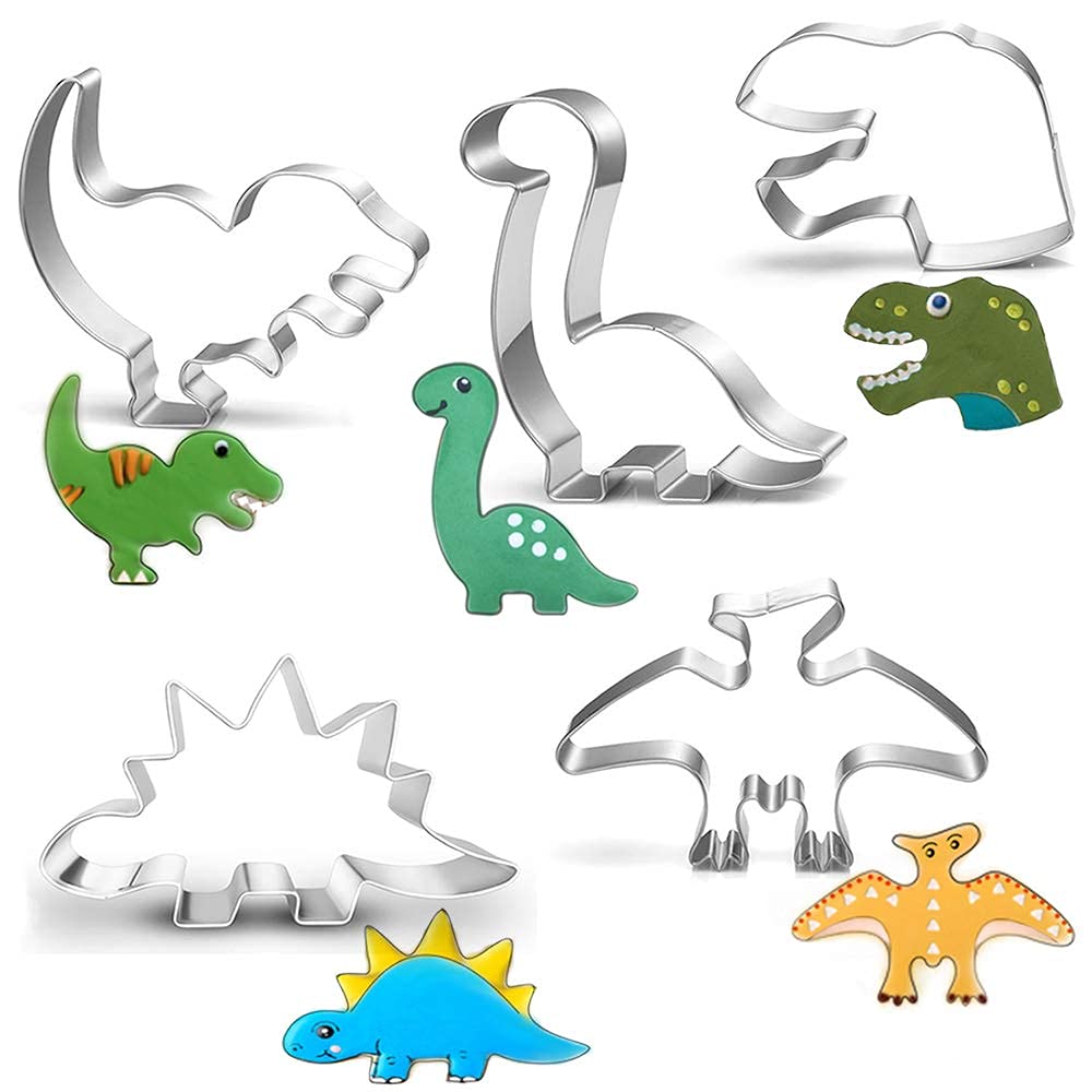 LUBTOSMN New Dinosaur Cookie Cutter Set-7 Piece-Dinosaur Footprint and Head, Tyrannosaurus(T-Rex), Brontosaurs, Spinosaurus, Triceratops, Pterodactyl, Baking Mold for Kids Dinosaur Birthday Party