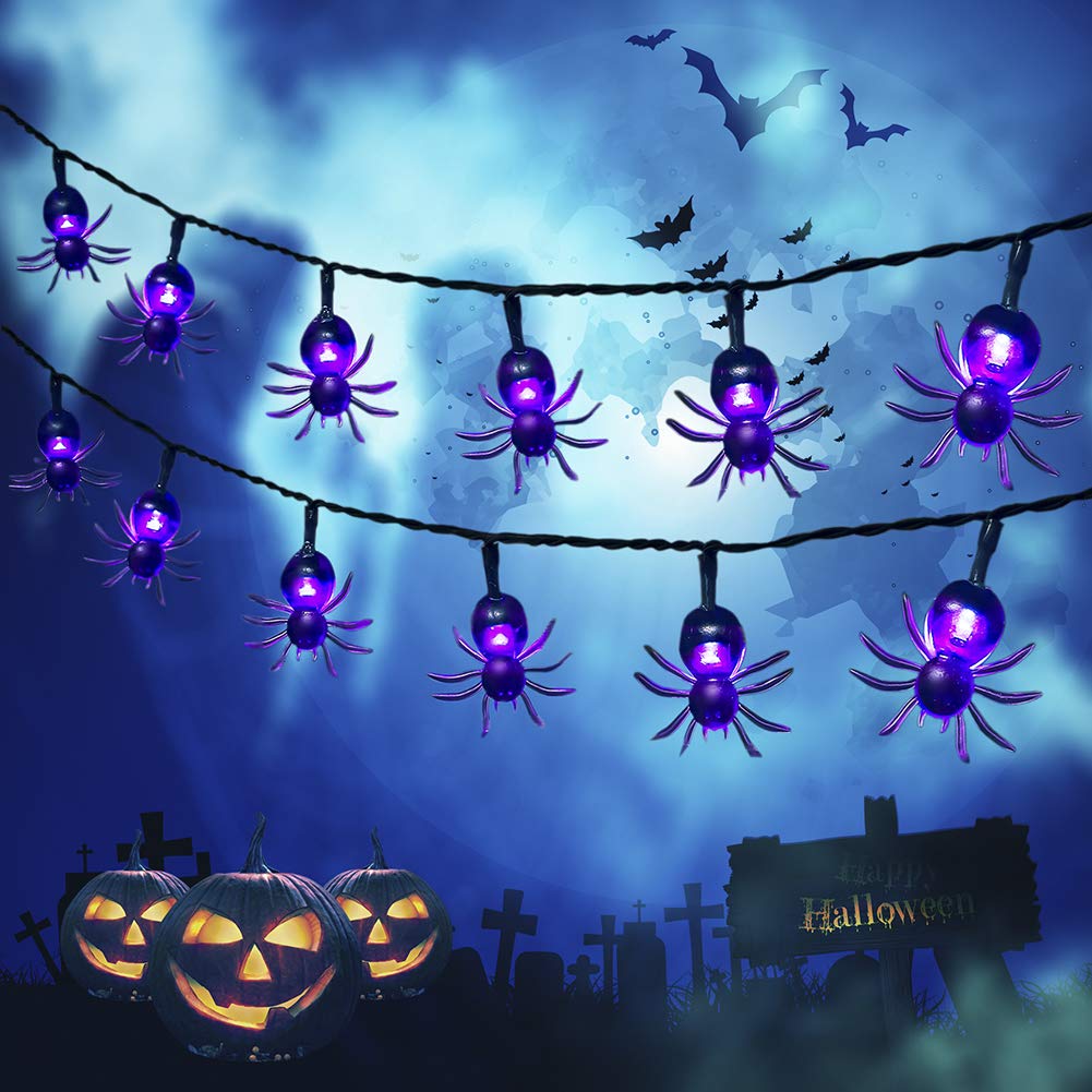 Qunlight Solar String Lights, 2Pack 30 LED 20ft Purple Spider Lights with 8 Modes Waterproof Fairy Lighting for Halloween Party Decor, House, Garden, Yard Decoration