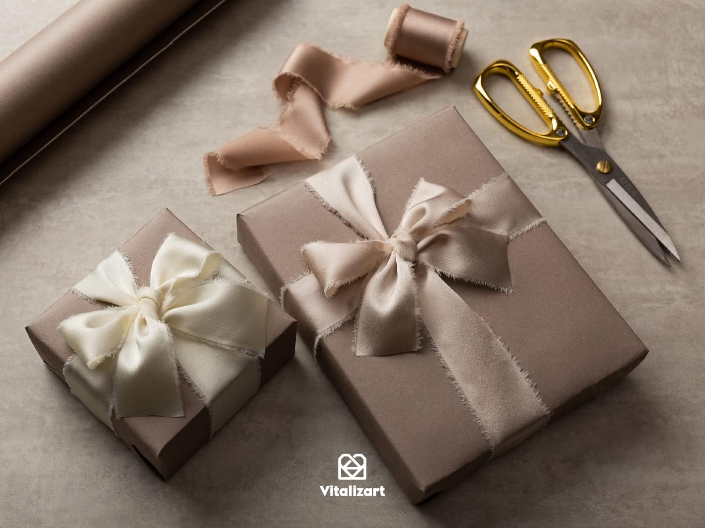 Vitalizart Silk Satin Ribbon 1-1/2 inch x 15 Yard with Wooden Spool Champagne & Nude Handmade Frayed Ribbons for Gift Wrapping Baby Shower Wedding Bridal Bouquets Holiday Decor