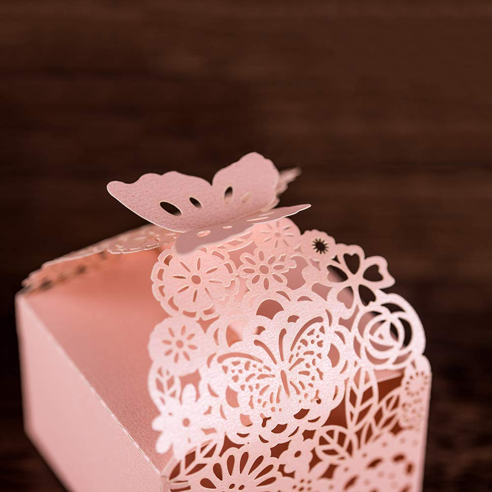 KAZIPA 50pcs Laser Cut Butterfly Favor Boxes, 2.6" x 2.6" x 1.6" Floral Favor Boxes, Party Favor Boxes for Bridal Shower Anniversary Wedding Party Favor, Pink