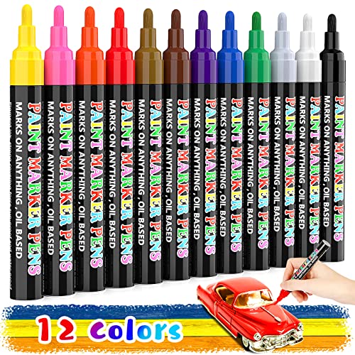 SUPKIZ Paint Pen Paint Markers, 12 Colors Oil-Based Waterproof Marker Pens, Permanent Fabric Paint Quick Dry Marker for Metal, Egg, Tire, Rock, Wood, Canvas, Plastic, Glass, Engineer, DIY Craft