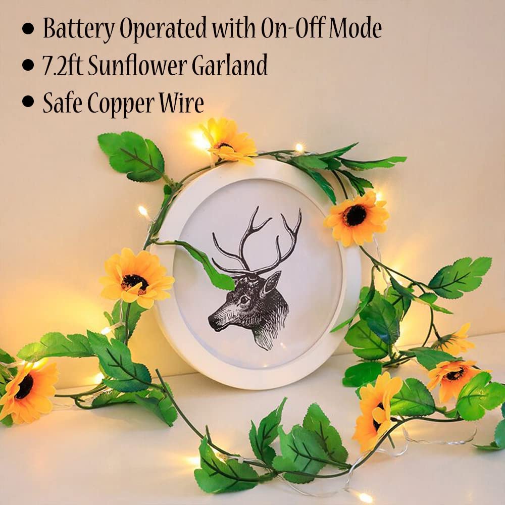 Fielegen 20 LED Artificial Sunflower String Lights, 7.2 ft Sunflower Garland with Lights Battery Operated Flower Fairy String Lights for Bedroom Wedding Birthday Party Home Garden Decor