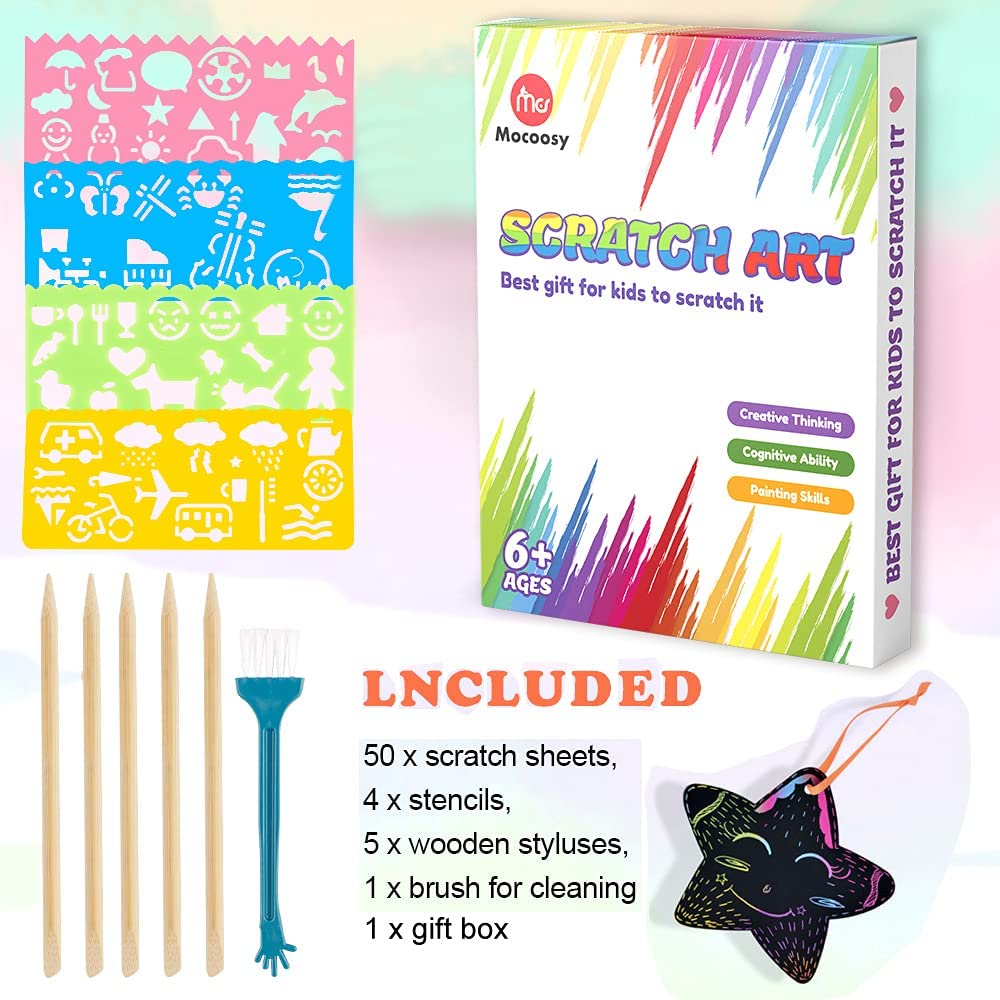 60 Pcs Rainbow Scratch Art Paper for Kids, Magic Scratch Paper Set Art and Craft Kit, Black Scratch Sheets for Party Game Activities Birthday Gifts Toys Girls Boys 3 4 5 6 7 8 9 10 Years Old