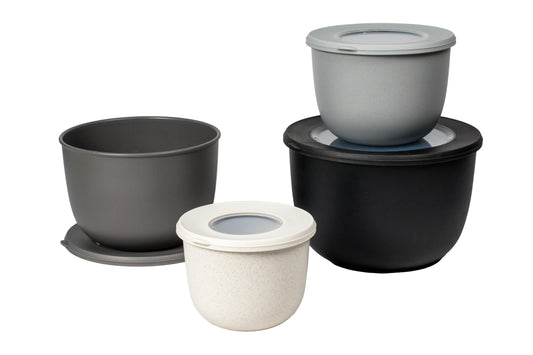 Abode Homewares by TarHong Stackable Mixing Bowl Set with Lids for Mixing and Kitchen Storage, Set of 4, Assorted colors of Cream,Taupe, Gray and Black