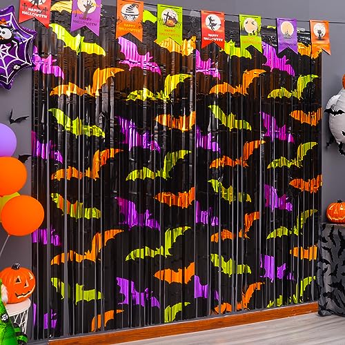 Mega-L Halloween Party Decorations 2 Pack Green Orange Purple Bat Pattern Photo Booth Props, 3.3 X 6.6 ft Metallic Foil Fringe Curtains, Halloween Photo Backdrop Streamers Halloween Party Supplies