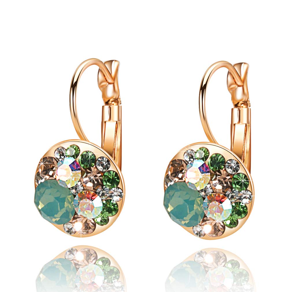 Multicolored Austrian Crystal Earrings for Women 14K Gold Plated Leverback Dangle Hoop Earrings (Green Opal+Aurora Borealis Crystal)