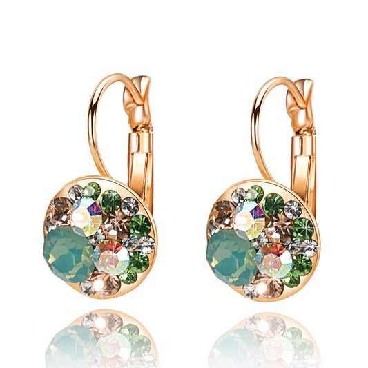 Multicolored Austrian Crystal Earrings for Women 14K Gold Plated Leverback Dangle Hoop Earrings (Green Opal+Aurora Borealis Crystal)