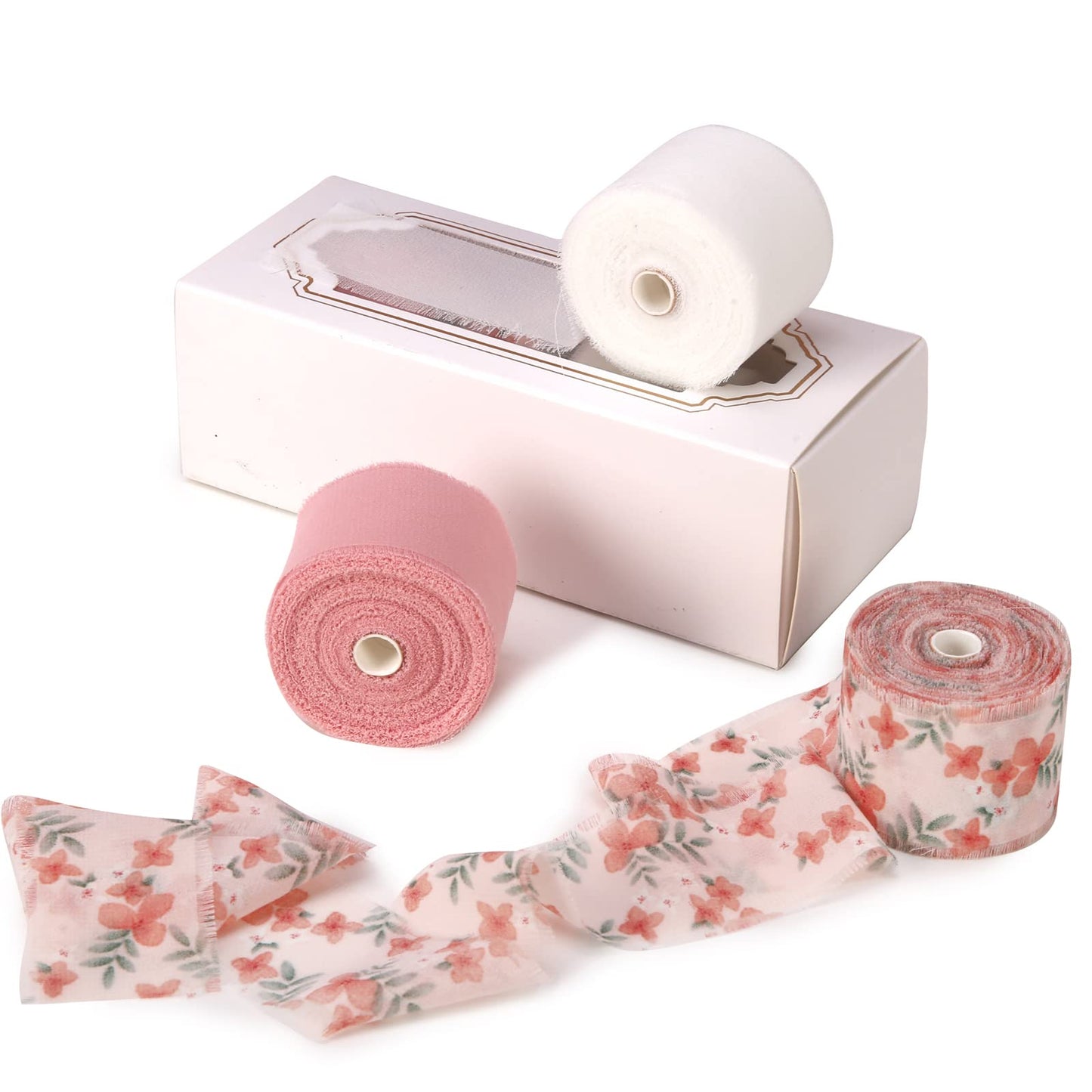 Handmade Fringe Floral Silk Chiffon Ribbons 1.5" x 7 Yards, 3 Rolls 21 Yards Pink Floral Ribbons Set for Wedding Invitations, Bridal Bouquets, Gifts Wrapping, DIY Crafts Decoration
