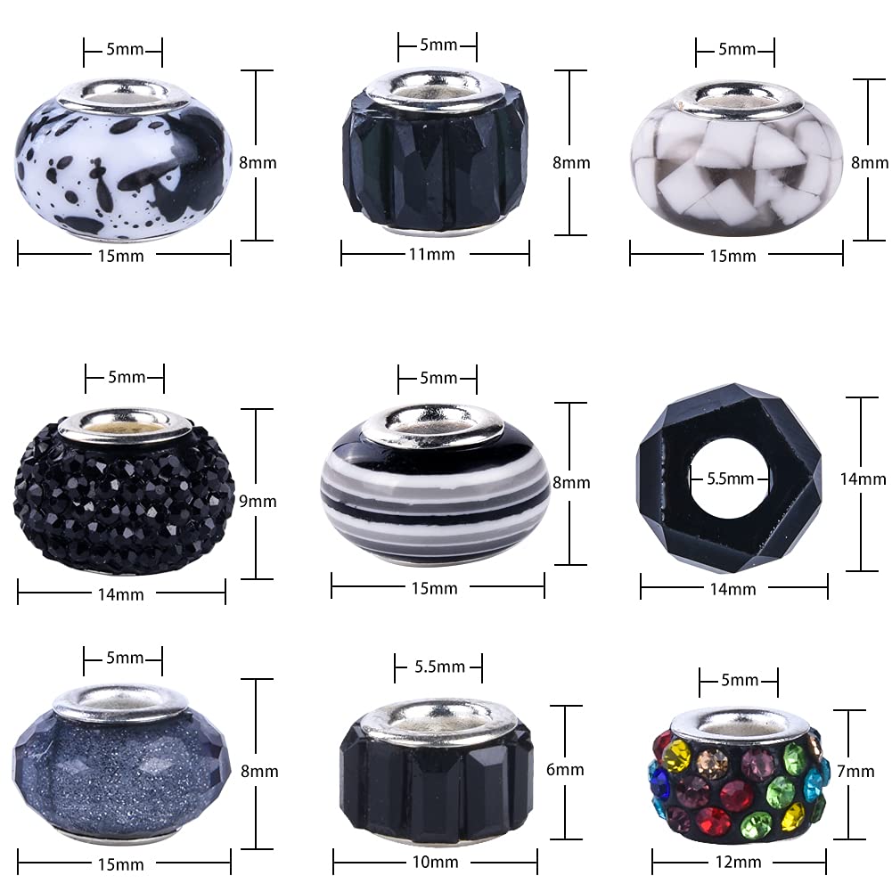 Aipridy Assortment European Large Hole Beads Spacer Beads Rhinestone Craft Beads for DIY Charms Bracelet Jewelry Making (Black-White)