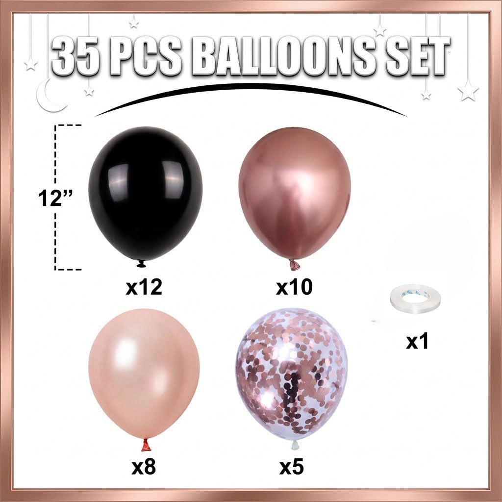 HILAVO Rose Gold and Black Balloons, 12Inch Metallic Rose Gold and Confetti Latex Balloons for Girls Women Birthday Graduation Baby Bridal Shower Party Decorations