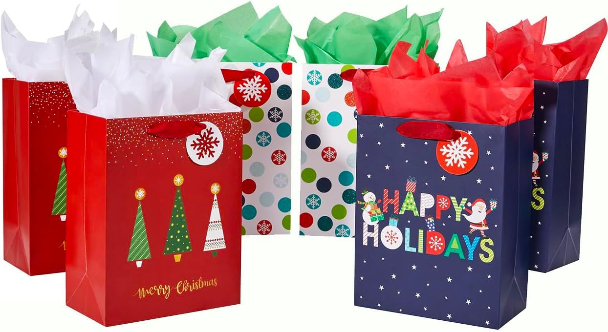 Small Christmas Gift Bags with Tissue Paper, 6 Pack Holiday Theme Bags in 3 Festive Designs, 7x9x4 Inches, Red Navy White with 12 Sheets Tissue Paper