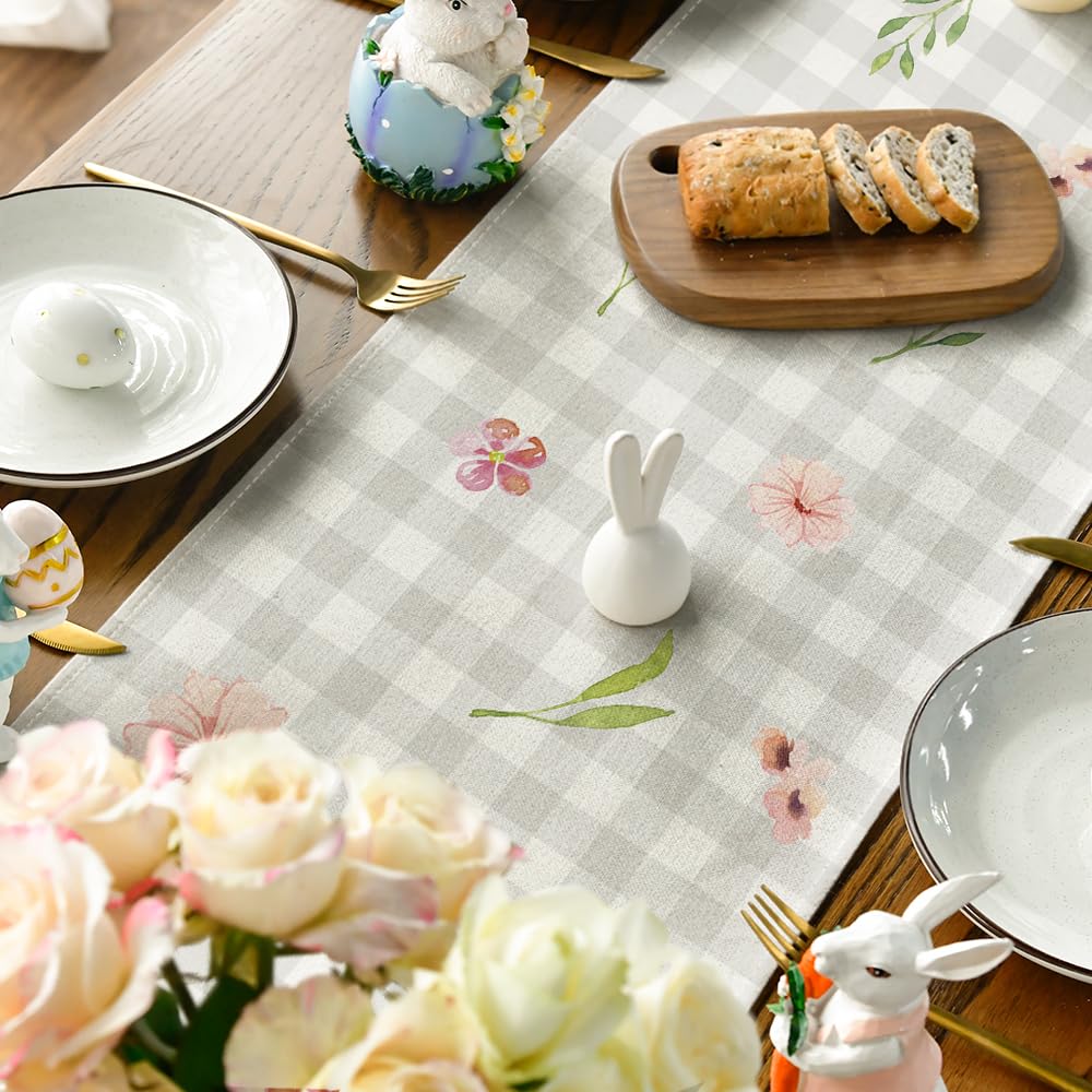 Buffalo Plaid Bunny Rabbit Ears Flower Easter Table Runner, Spring Summer Seasonal Holiday Kitchen Dining Table Decoration for Indoor Outdoor Home Party Decor 13 x 72 Inch