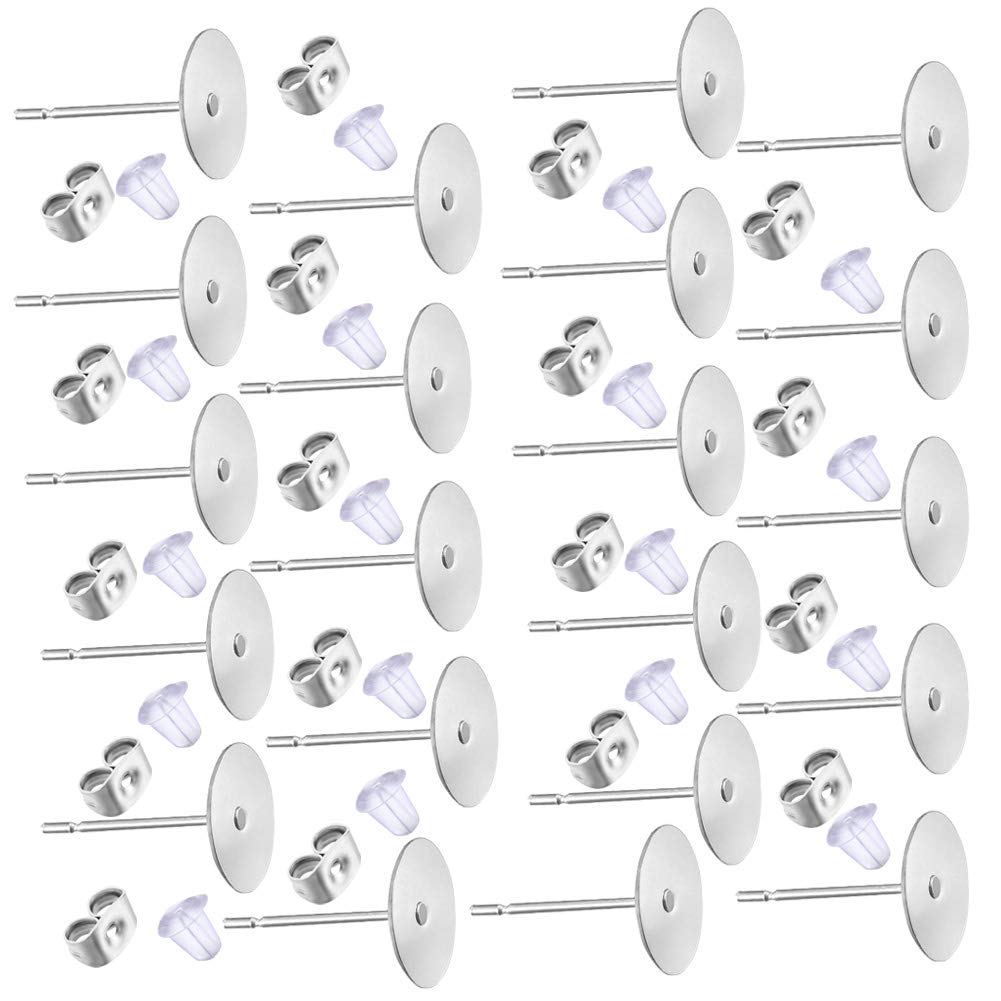 600 PCS 5MM Hypoallergenic Stainless Steel Earrings Posts Flat Pad Blank Earring Pin Studs with Butterfly Earring Backs and Silicone Bullet Earring Backs for Jewelry Making Findings