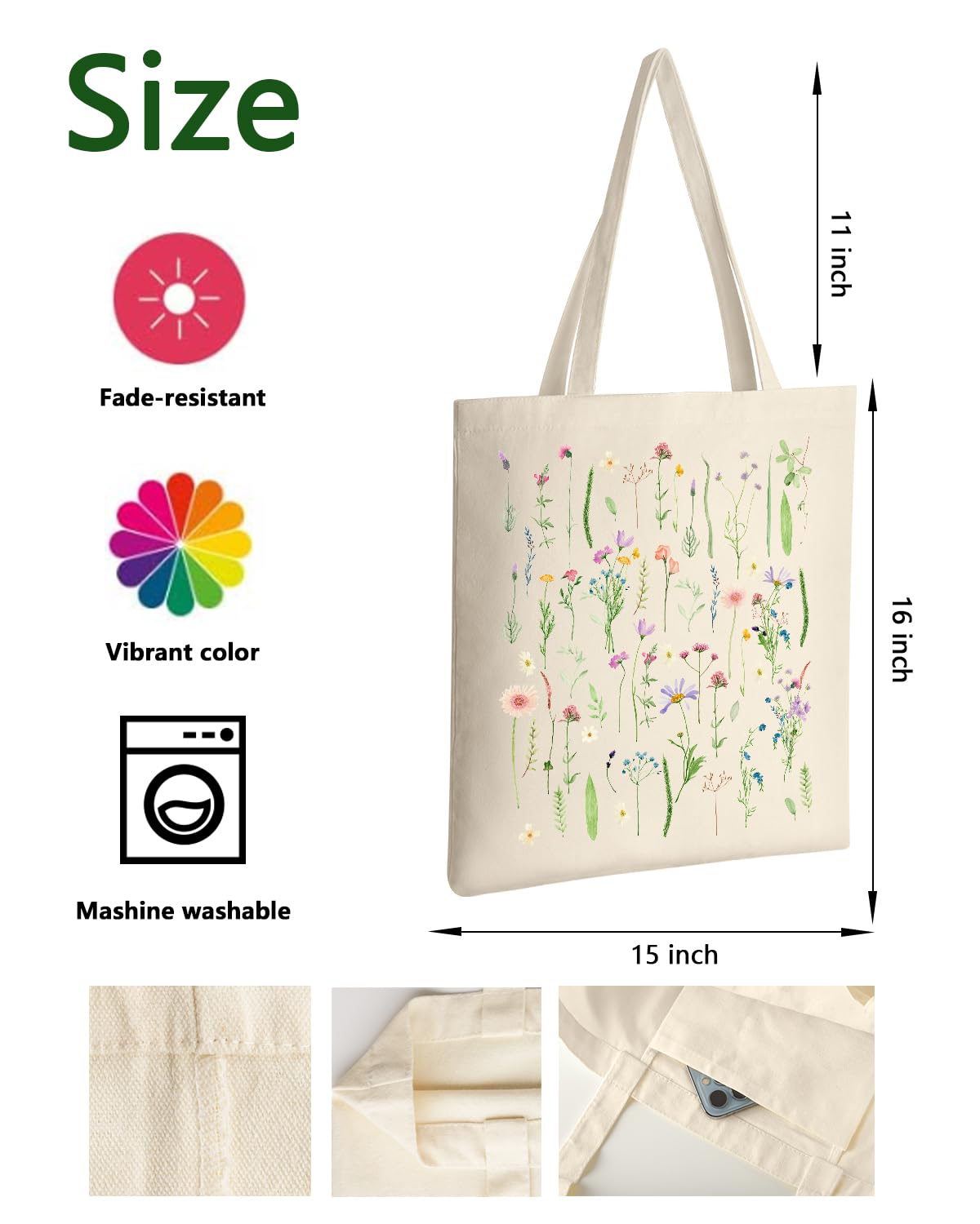 AUSVKAI Canvas Tote Bag Aesthetic for Women, Cute Trendy Wildflowers Reusable Cloth Cotton Bags with Handle for Grocery college Shopping Beach