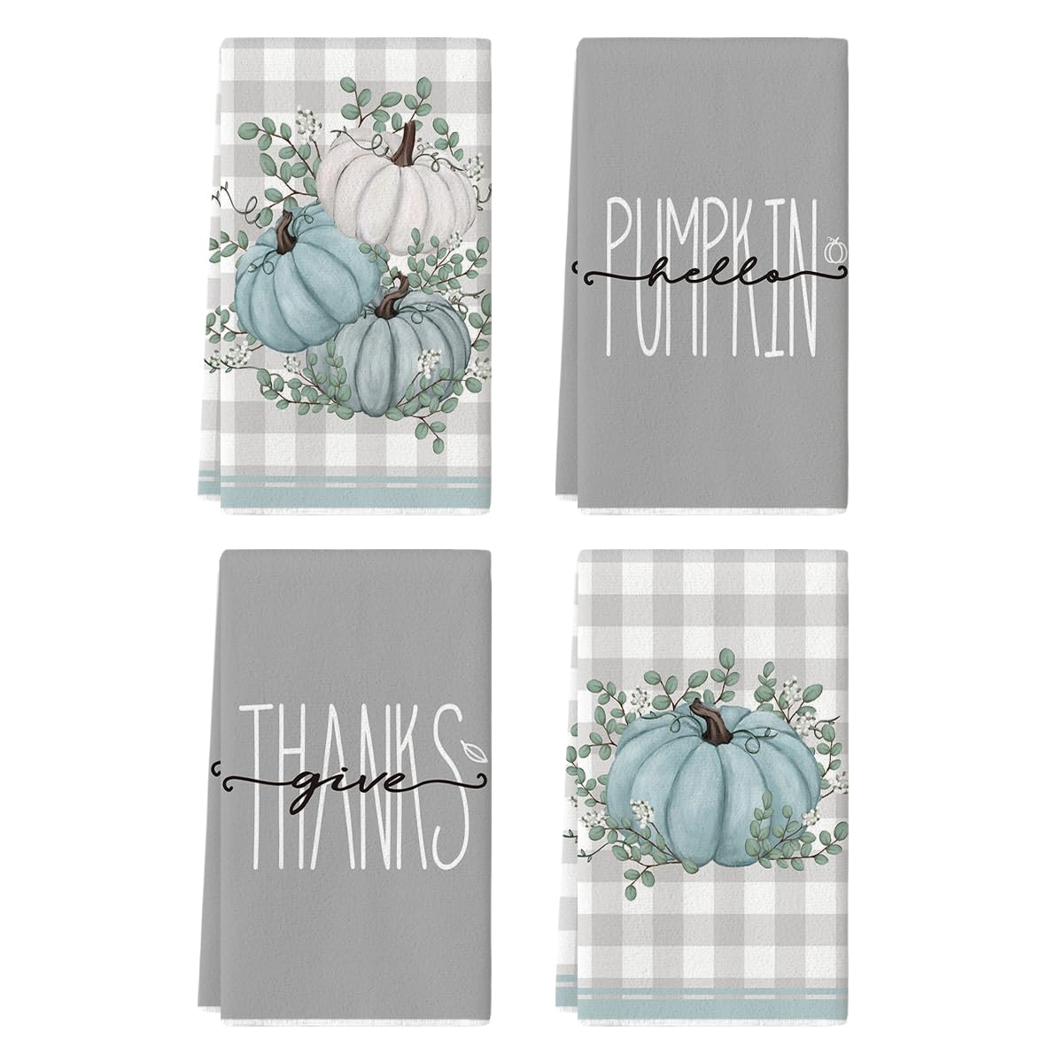 Artoid Mode Grey Eucalyptus Leaves Hello Pumpkin Fall Kitchen Towels Dish Towels, 18x26 Inch Farmhouse Give Thanks Decoration Hand Towels Set of 4
