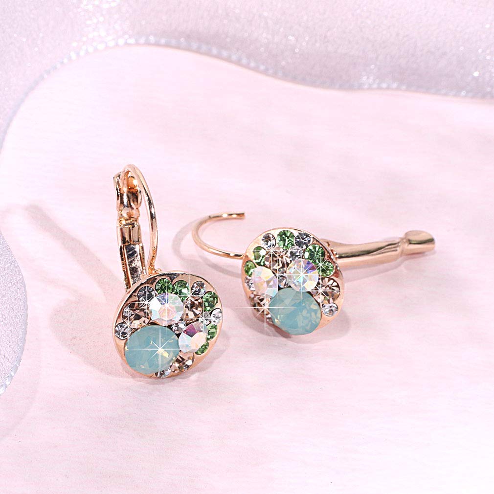 Multicolored Austrian Crystal Earrings for Women 14K Gold Plated Leverback Dangle Hoop Earrings (Green Opal+Aurora Borealis Crystal)