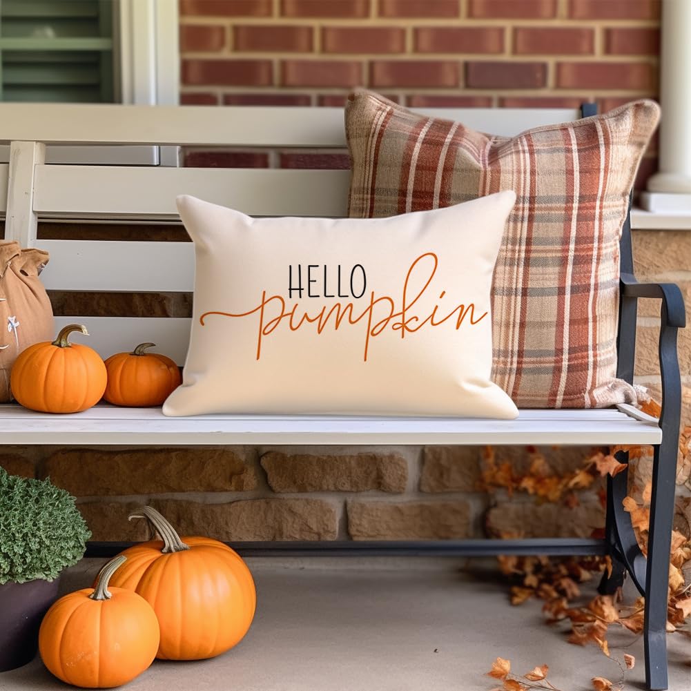 Fall Pillow Covers 12x20 Inch,Autumn Hello Pumpkin Pillows Decorative Throw Pillows,Lumbar Outdoor Thanksgiving Cushion Cover Farmhosue Fall Decor for Bedroom Couch Sofa White