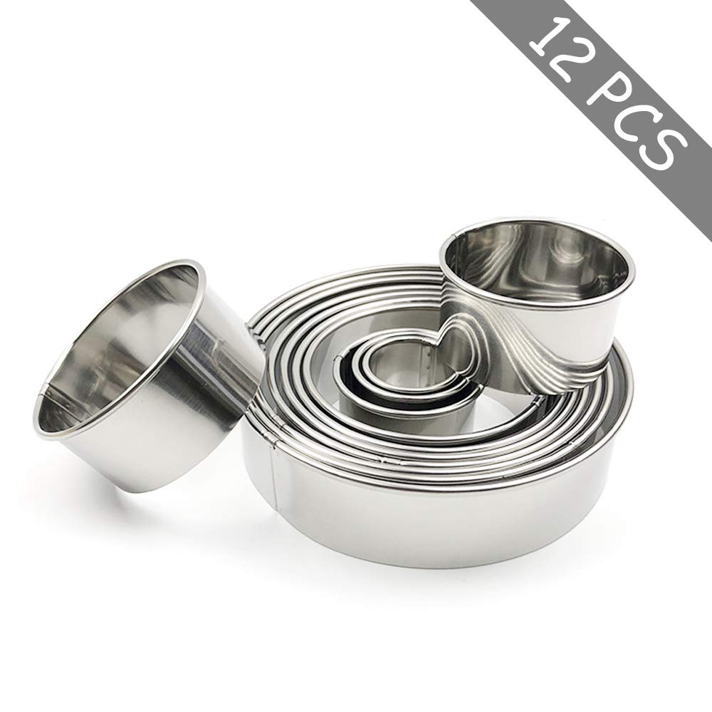 RIHAI Stainless Steel Round Cookie Cutter Set, 12 Circular Biscuit Cutters Round Donut Ring Molds for Baking 1.2 Inch Height