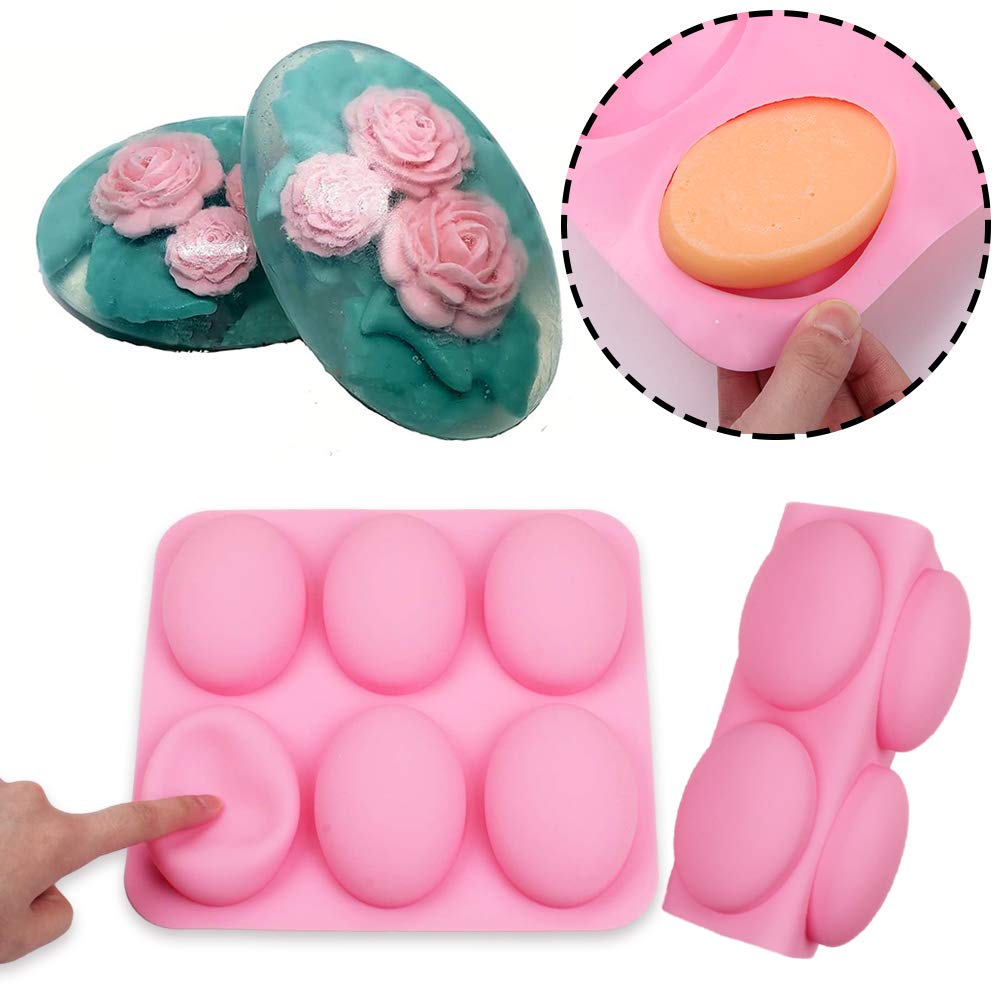 BAKER DEPOT silicone Mold For Handmade Soap 6 Cavity Oval Shape fat bath bombs Pink Color，Set of 2