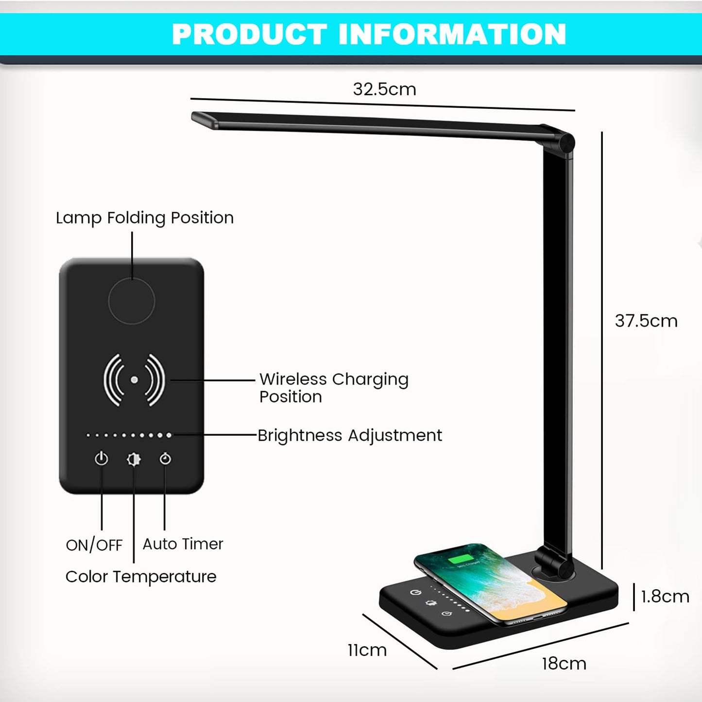 JOSTIC LED Desk Lamp with Wireless Charger, USB Charging Port, 10 Brightness, 5 Color Modes, Desk Lamps for Home Office, Dimmable Table Lamp Eye Caring Reading Light, Touch Control, Auto Timer, Black