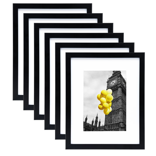 8x10 Picture Frame Set of 6, Display Pictures 5x7 with Mat or 8x10 Without Mat for Tabletop Display and Wall Mounting, Black