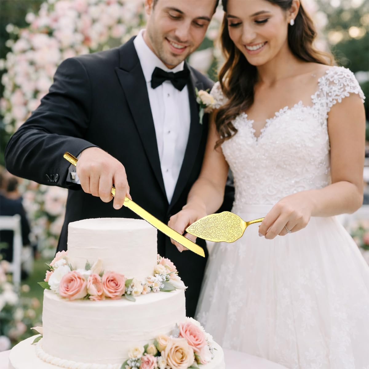 Berglander Gold Wedding Cake Knife and Server Set, Titanium Gold Plating With Unique Pattern Design Cake Cutter Serving Set Perfect For Wedding, Birthday, Parties and Events Dishwasher Safe