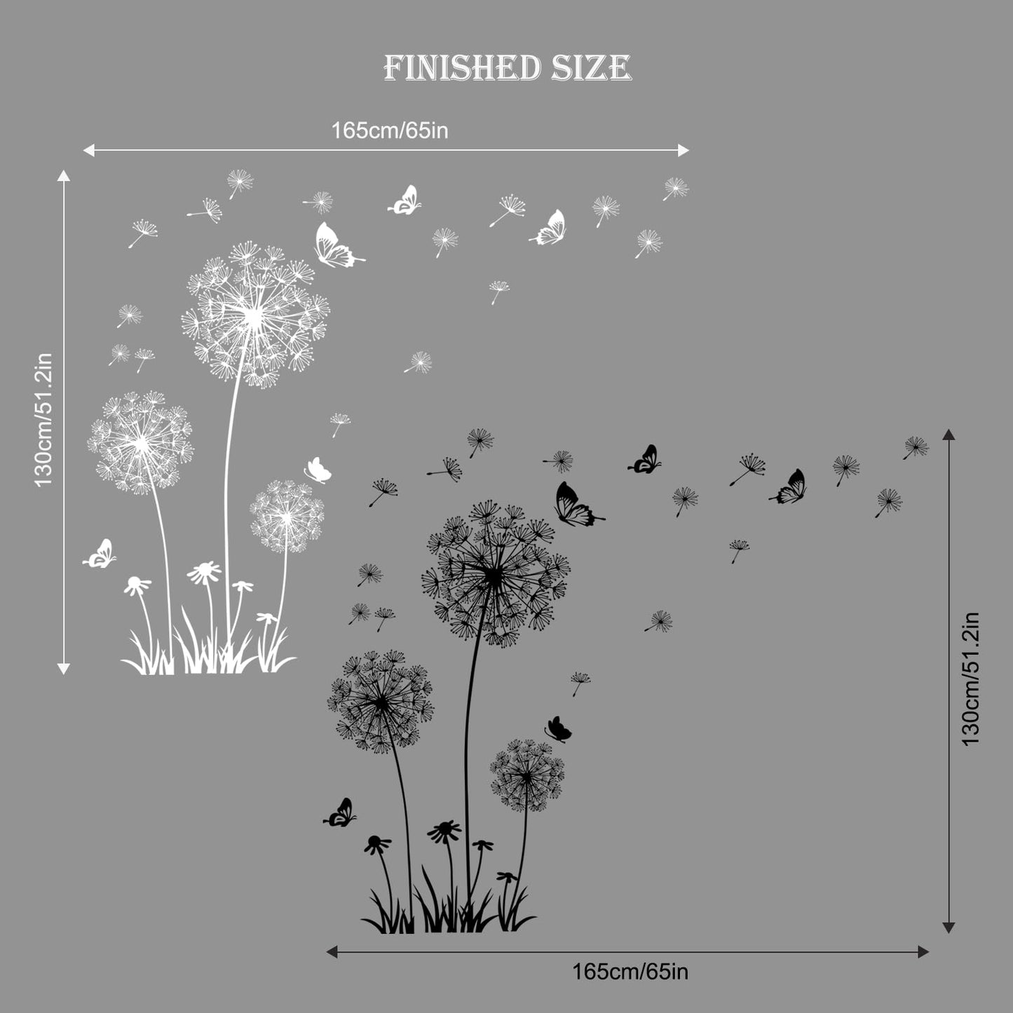 Supzone Dandelion Wall Stickers Flower Wall Decals Butterflies Flying Wall Decors Art Stickers for Bedroom Living Room Sofa Backdrop TV Wall Decor (White Black)
