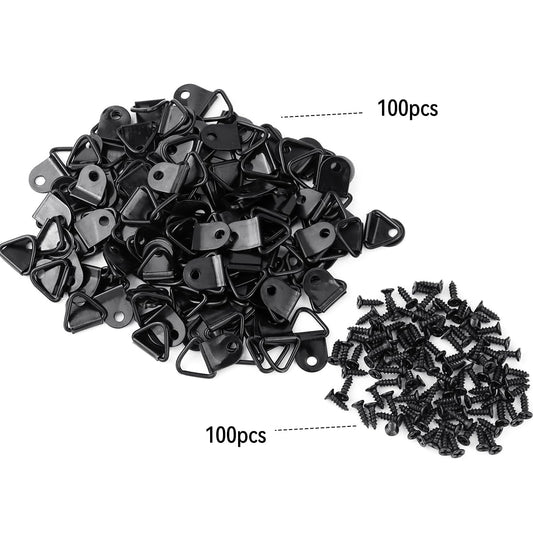 100 Pack Steel Picture Hangers with 100pcs 8mm Screws, Small Triangle Ring, Light Duty D Rings for Clock, Decoration, Mirror, Paintings, Artwork Picture Frame (Black)