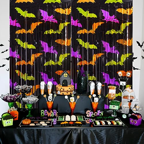 Mega-L Halloween Party Decorations 2 Pack Green Orange Purple Bat Pattern Photo Booth Props, 3.3 X 6.6 ft Metallic Foil Fringe Curtains, Halloween Photo Backdrop Streamers Halloween Party Supplies