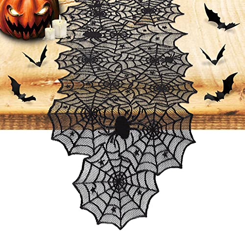 Nialnant Halloween Decoration Table Runner with 12 Pack 3D Bats, Spider Web Black Lace Table Runner for Kitchen Dinner Table, Halloween Party Decoration Indoor - 13 x 72 Inch