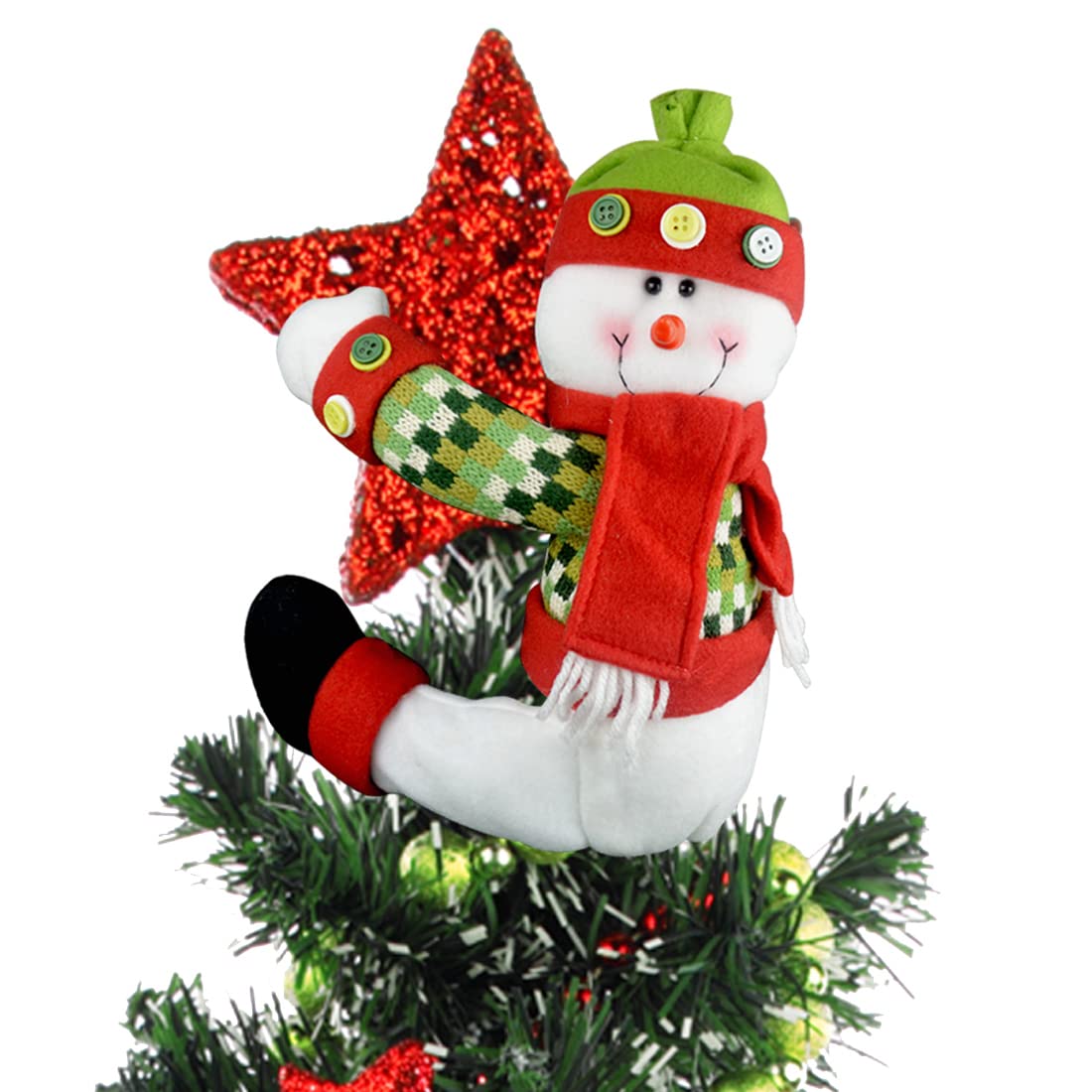 Christmas Tree Topper Snowman,Unique Holiday Xmas Decorations Funny Home Decor,Also Be Used As Curtain Tie and Hugger Wine Bottle,Red White Green