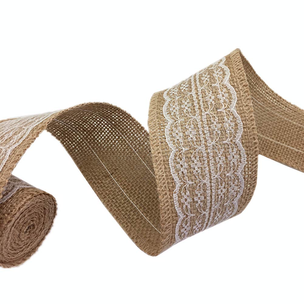 OZXCHIXU 5Pcs Burlap Ribbon Lace Roll with 30 Feet Jute Twine,Burlap Ribbon for Wedding Decorations DIY Handmade Crafts (2.2 yards for each roll)