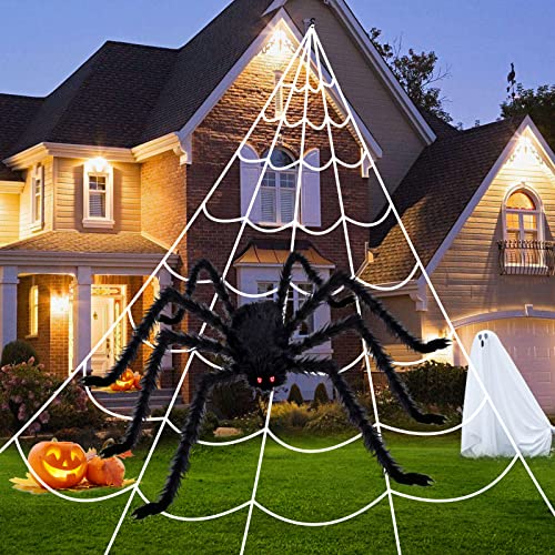 KUCHEY Halloween Decorations Outdoor 200'' Triangular Spider Web + 47'' Giant Fake Spiders, Halloween Decor Indoor Clearance for Home Outside Yard Costumes Party Haunted House Garden Lawn