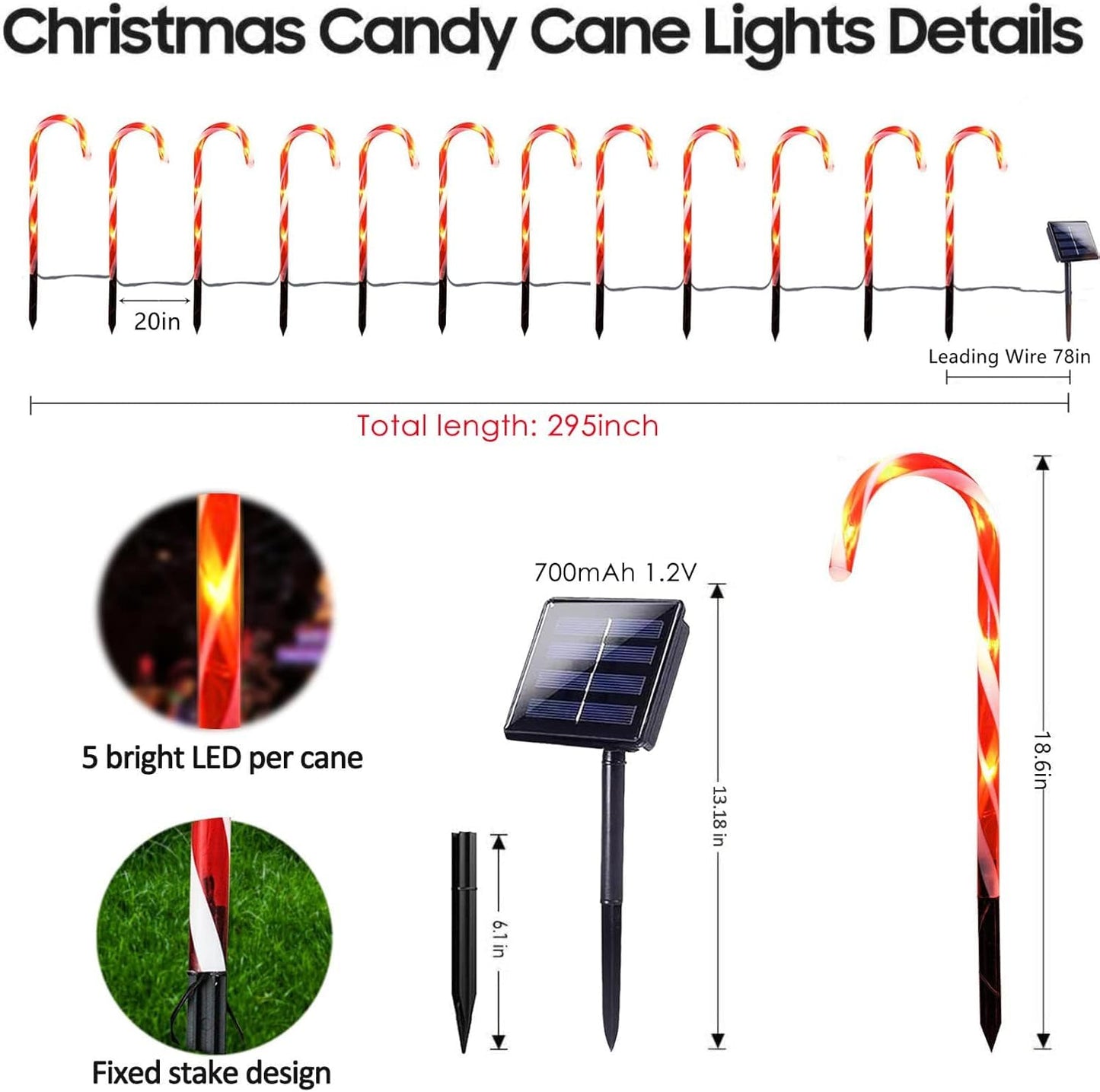 24 Pack Upgraded Solar Candy Cane Lights, Waterproof Outdoor Pathway Stake Christmas Lights with 8 Modes, Solar for Outside Yard Walkway Garden Christmas Decorations