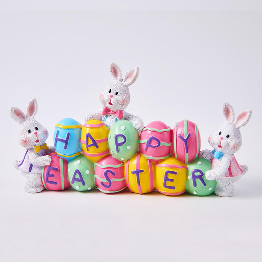 3 Bunny Holding Eggs and Happy Easter Decorations, Resin Easter Bunny Rabbits Figurine Tabletop Centerpiece for Spring Decor Easter Home Office Party Decor