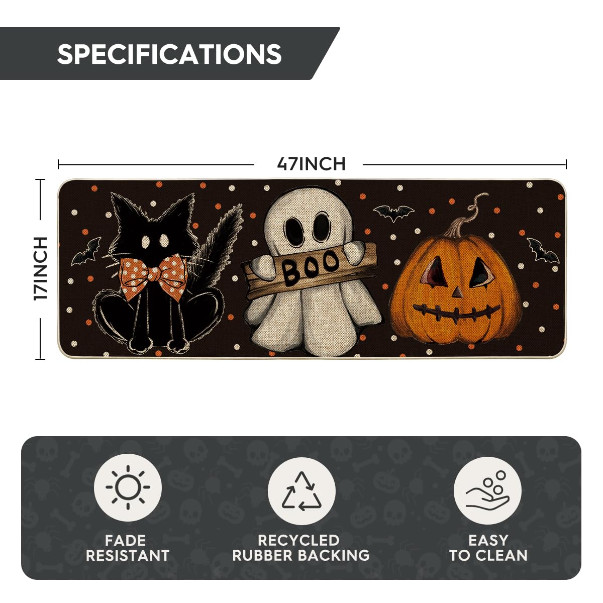 Artoid Mode Black Cat Jack-O'-Lantern Ghost Pumpkins Halloween Doormat, Seasonal Low-Profile Floor Switch Mat for Indoor Outdoor 17x47 Inch