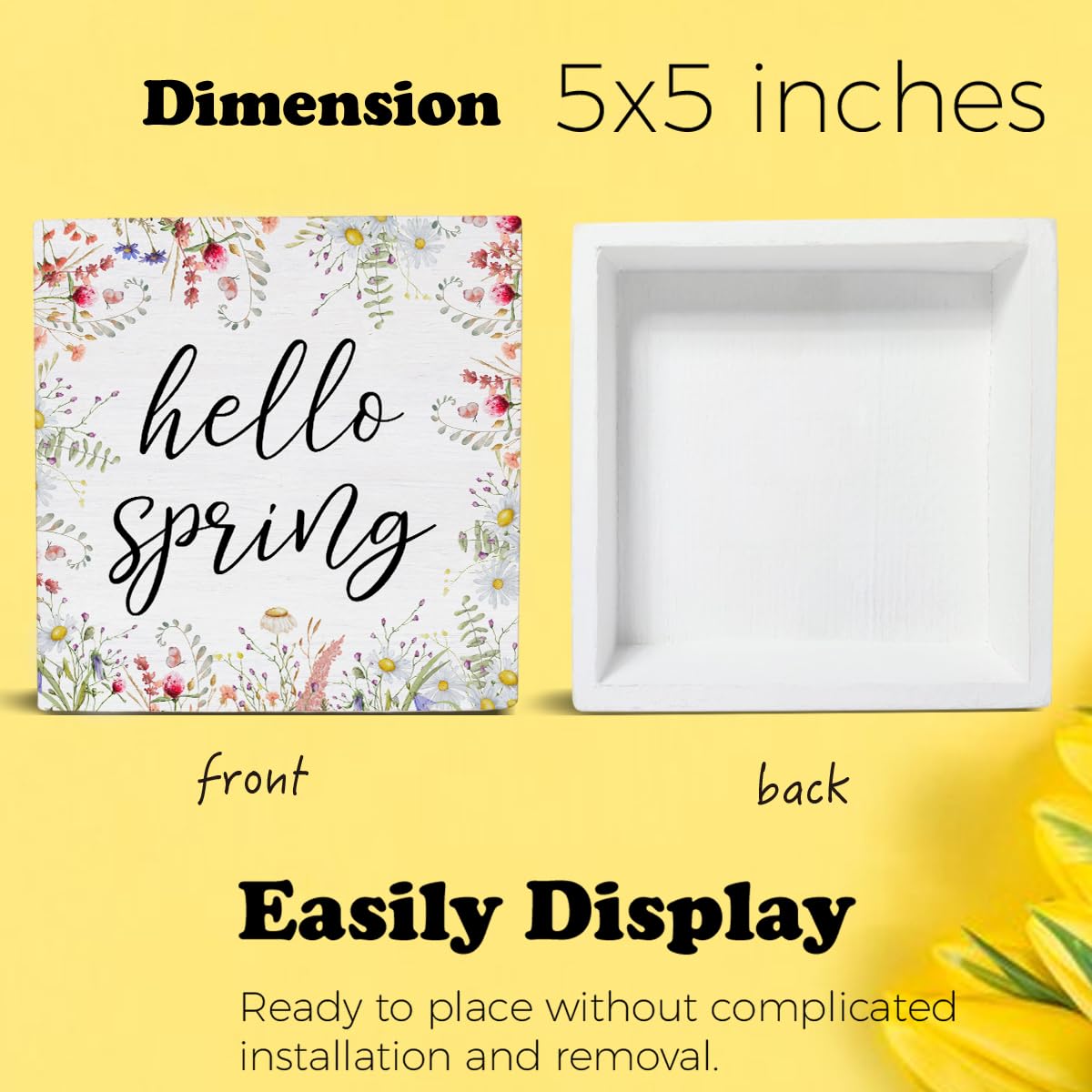 Spring Decor Farmhouse Desk Decorations Wooden Sign, Hello Spring Wood Plaque Block Sign Rustic Home Decor 5 x 5 Inches