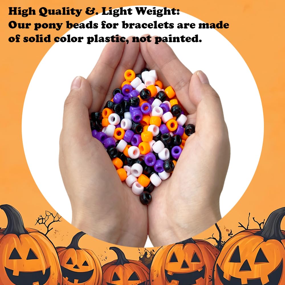 MIIIM 1000PCS 6x9mm Halloween Pony Beads Bulk, 8 Styles Purple Orange White and Black Kandi Beads for Bracelets Making Kit, Hair Braids Crafts for Jewelry Making (Halloween B)
