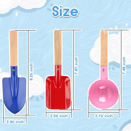 UMUACCAN Beach Toys for Kids, 6Pcs 8'' Kids Gardening Tools Sand Toys Set, Metal Garden Tools with Sturdy Wooden Handle, Cylinder, Spoon, Fork, Rake, Flat & Pointed Shovel, Gifts for Children