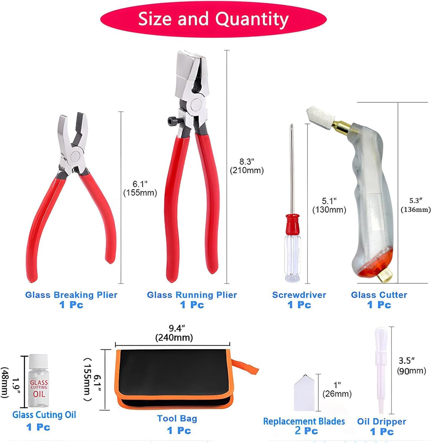 Glass Cutting Tool Kit,Glass Cutters Tools Set with Oil Feed Glass Cutter Glass Running Pliers Breaker Pliers, Glass Cutting for Stained Glass Mosaic Tiles Mirrors,Zipper Package