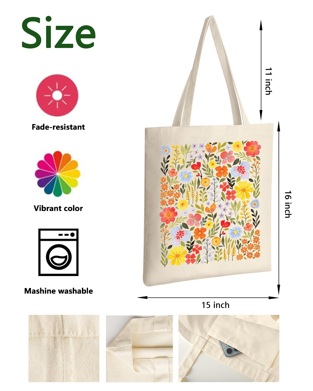 AUSVKAI Canvas Tote Bag Aesthetic for Women, Cute Yellow Wild Flower Reusable Cloth Cotton Bags for Shopping Beach Gifts